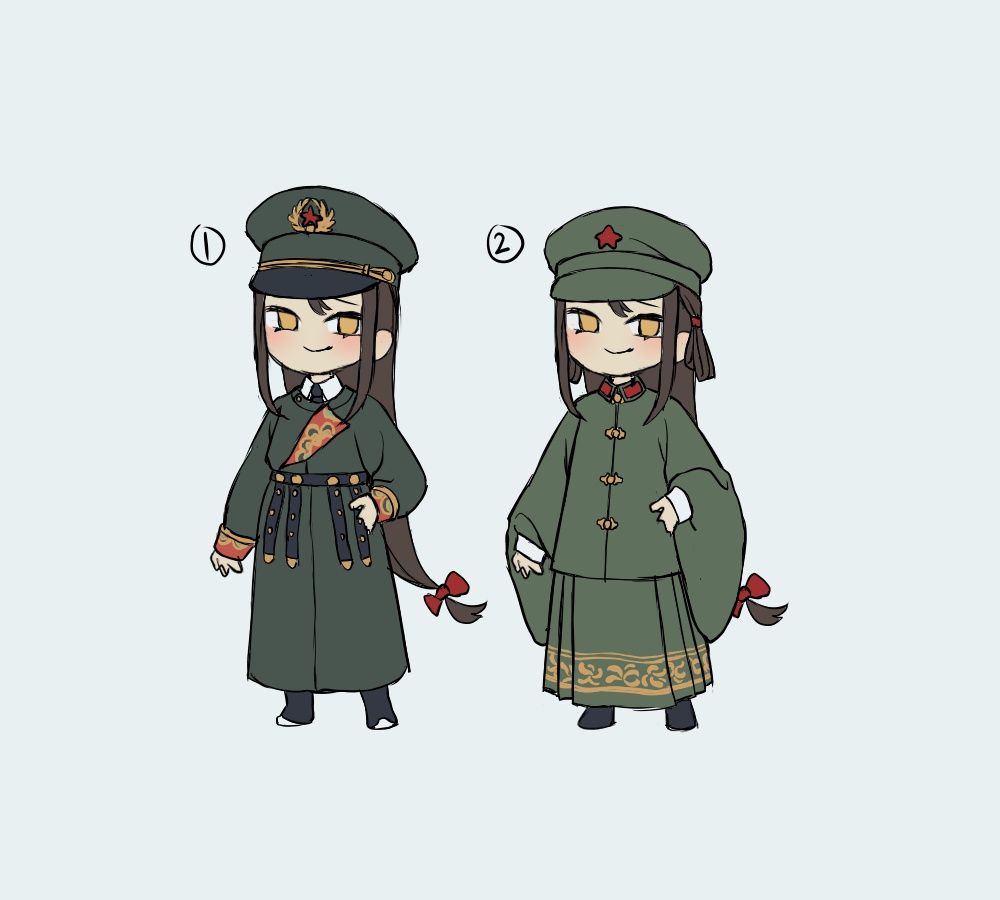 aoqun black_footwear bow brown_hair china_(kuroussa) chinese_clothes contemporary_traditional_clothes green_hanfu green_shirt green_skirt hair_bow hanfu hat kuroussa long_hair long_sleeves mamianqun military_hat ming_dynasty necktie original personification shirt skirt white_background wide_sleeves yellow_eyes yuanlingpao