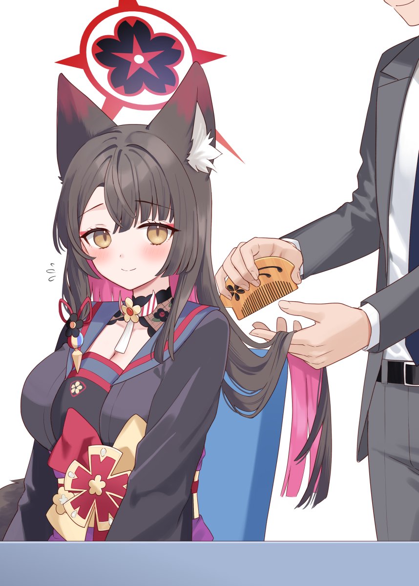 1boy 1girl animal_ear_fluff animal_ears belt black_belt black_shirt blue_archive blush breasts brown_hair brushing_another&#039;s_hair brushing_hair cleavage closed_mouth colored_inner_hair comb commentary_request eyeshadow flying_sweatdrops formal_clothes fox_ears fox_girl grey_jacket grey_pants grey_suit halo highres holding holding_another&#039;s_hair holding_comb ichinomiya_(blantte) jacket large_breasts long_hair long_sleeves makeup multicolored_hair multicolored_sash pants pink_hair red_eyeshadow red_halo shirt simple_background sitting smile suit wakamo_(blue_archive) white_background