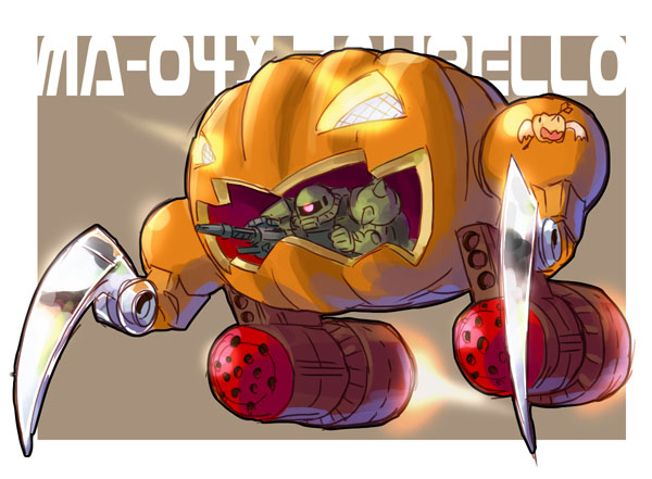 gundam jack-o&#039;-lantern katahira_masashi mecha mobile_suit_gundam no_humans okaasan_to_issho parody pumpkin robot spoo zakrello zaku