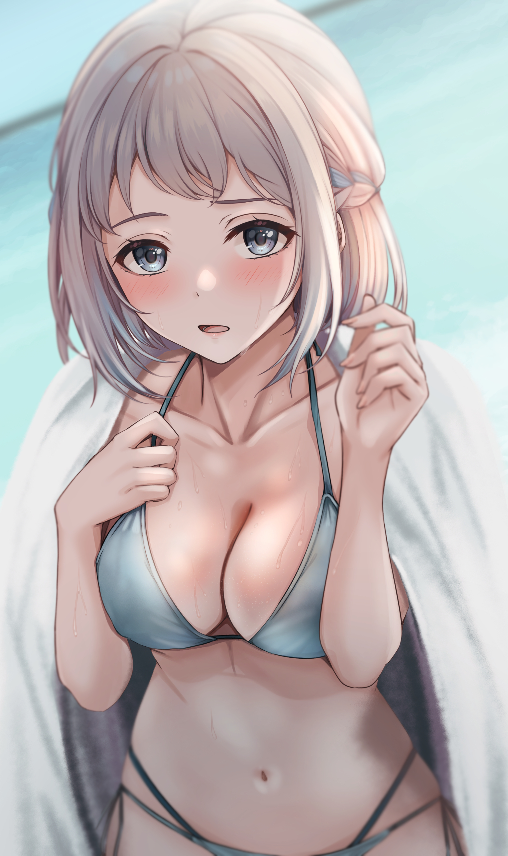 1girl :o absurdres aqua_bikini bikini blue_ribbon blush braid breasts cleavage collarbone gakuen_idolmaster grey_hair hair_ribbon half_up_braid highres idolmaster katsuragi_lilja large_breasts looking_at_viewer navel outdoors ribbon ribbon_braid short_hair side-tie_bikini_bottom solo stomach string_bikini swimsuit yuzuyu_(hyui)