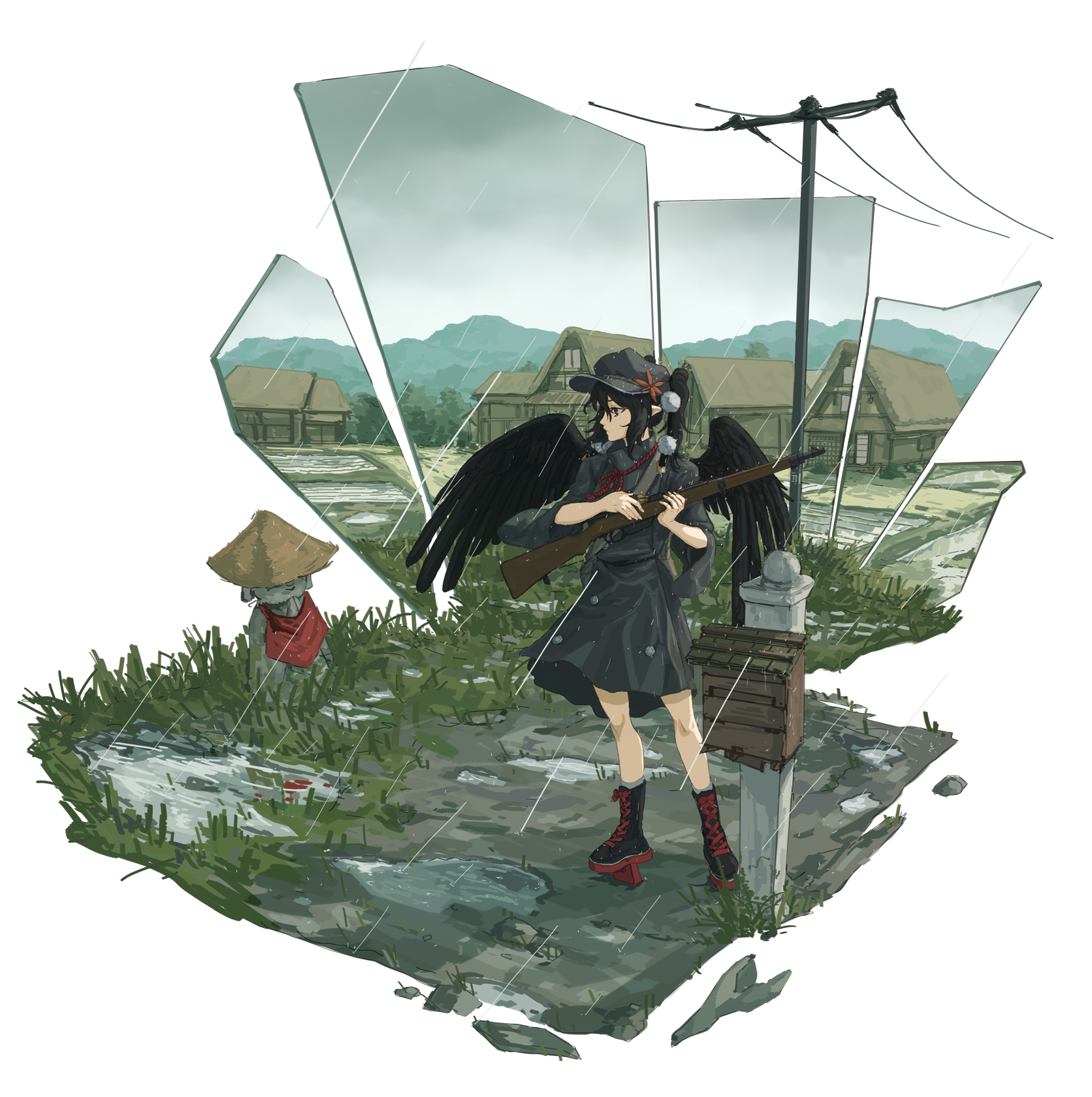 1010kman 1girl alternate_costume architecture bag bandana black_boots black_dress black_hair black_hat black_wings boots closed_mouth commentary commission day dress east_asian_architecture english_commentary feathered_wings flat_cap full_body geta grass grey_sky gun hat hat_ornament high_collar high_ponytail highres holding holding_gun holding_weapon house jizou lace-up_boots leaf leaf_hat_ornament looking_to_the_side mailbox_(incoming_mail) maple_leaf messenger_bag mountainous_horizon multicolored_boots neck_ribbon outdoors outside_border overcast pointy_ears pom_pom_(clothes) ponytail power_lines profile puddle rain red_bandana red_boots red_eyes red_ribbon reloading ribbon rice_paddy shameimaru_aya shattered short_dress shoulder_bag sky solo standing straw_hat tengu-geta thatched_roof three-quarter_sleeves touhou transparent_background two-tone_boots utility_pole weapon weapon_request wide_sleeves wings