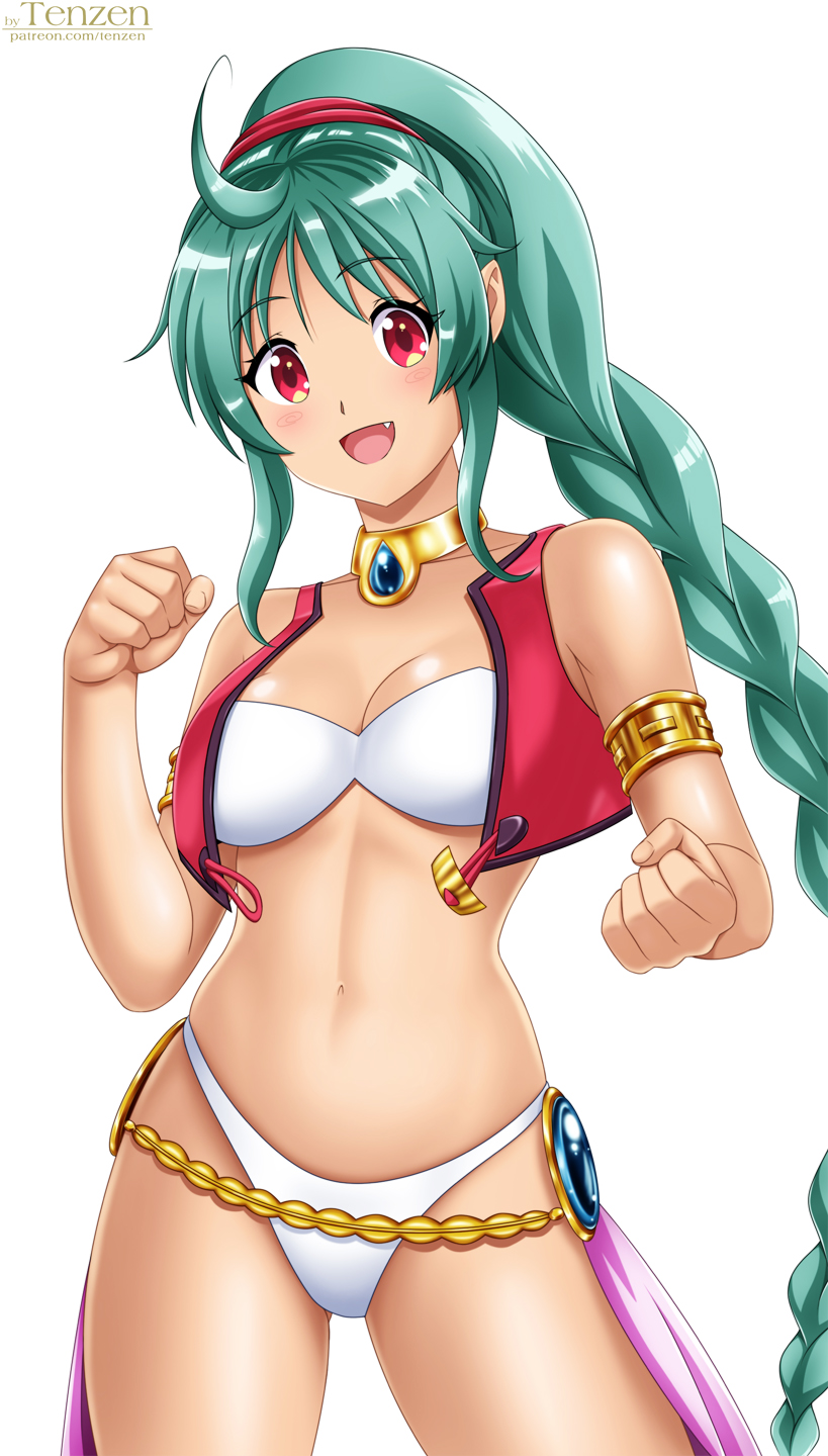 1girl ahoge bikini braid breasts choker cleavage clenched_hands fang female_focus green_hair highres jacket long_hair musaigen_no_phantom_world navel open_mouth ponytail red_eyes red_jacket ruru_(phantom_world) simple_background single_braid sleeveless sleeveless_jacket smile solo swimsuit tenzen_(netspike) white_background white_bikini