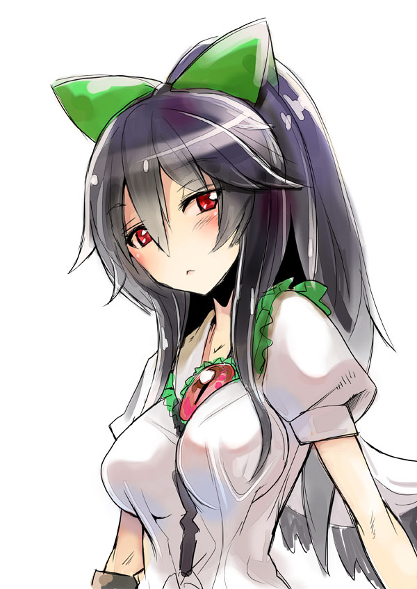 1girl :&lt; black_hair blush bow breasts female_focus genbou2 hair_bow impossible_clothes impossible_shirt large_breasts long_hair looking_at_viewer no_nose ponytail red_eyes reiuji_utsuho shirt simple_background solo tamon_ketsuyuki taut_clothes taut_shirt touhou upper_body