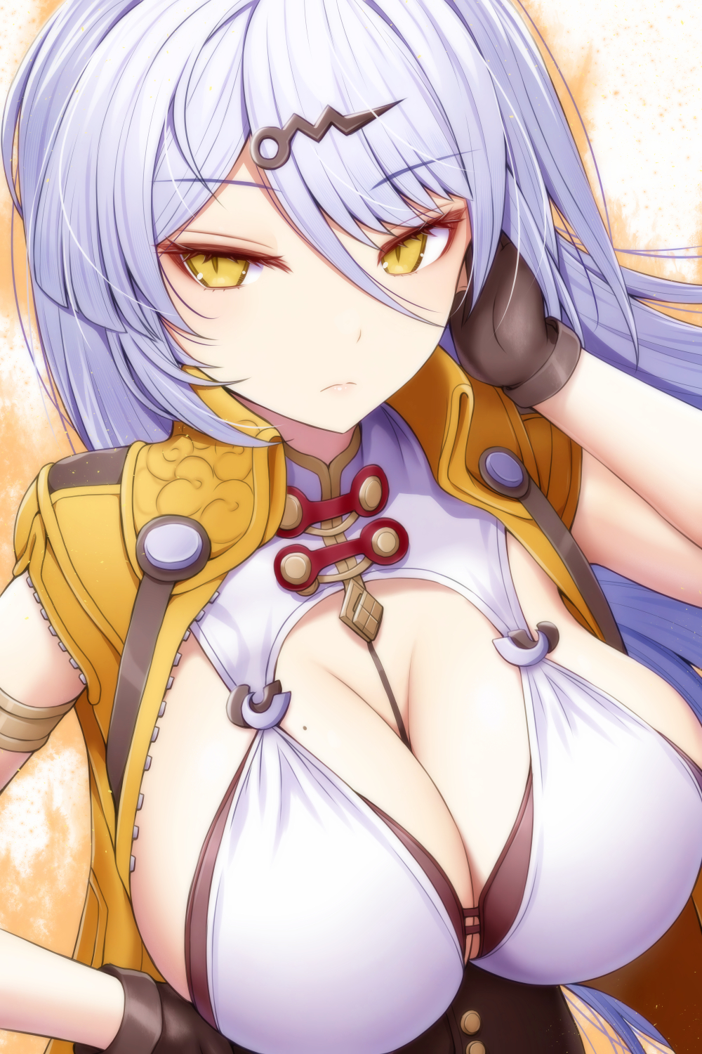 1girl asamura_hiori bare_shoulders black_gloves black_skirt breasts cleavage closed_mouth commentary_request gloves grey_hair hair_ornament hairclip hand_on_own_hip hand_up highres huge_breasts jacket long_hair looking_at_viewer mole mole_on_breast orange_background orange_eyes orange_jacket partial_commentary revision skirt solo upper_body vest yellow_eyes yellow_vest yixuan_(zenless_zone_zero) zenless_zone_zero