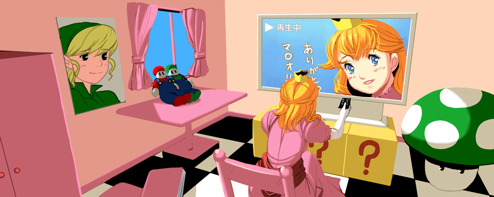 1-up_mushroom 1girl 1up ? ?_block bad_id bad_pixiv_id box commentary company_connection controller doll japanese_text kouno_(masao) link luigi mario mario_(series) mushroom nintendo on_box princess_peach remote_control sitting smile television the_legend_of_zelda translated