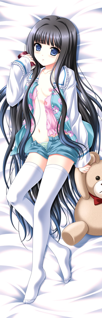 1girl akino_shin bed_sheet black_hair blue_eyes dakimakura_(medium) female_focus flat_chest frills full_body hair_spread_out kami-sama_no_memo-chou long_hair long_image lying navel nipples nnnnnddddssssss on_back open_clothes open_shirt open_shorts pajamas panties shionji_yuuko shirt shorts solo striped_clothes striped_panties stuffed_animal stuffed_toy tall_image teddy_bear thighhighs unbuttoned underwear very_long_hair white_thighhighs