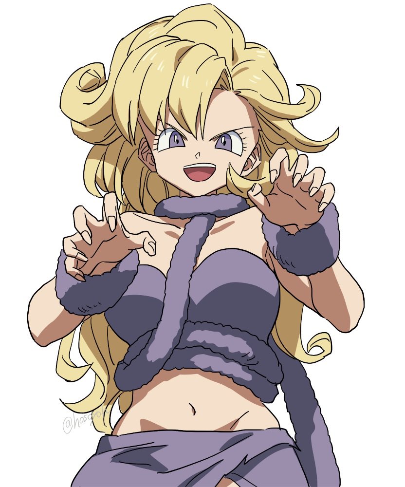 1girl asymmetrical_hair ayla_(chrono_trigger) bare_shoulders blonde_hair breasts cavewoman chrono_trigger claw_pose collarbone crop_top curly_hair fingernails fur_scarf fur_shirt fur_skirt fur_wrist_cuffs grey_eyes grey_scarf grey_shirt grey_skirt hair_between_eyes hosodayo long_hair looking_at_viewer medium_breasts midriff navel open_mouth scarf sharp_fingernails shirt skirt smile solo strapless tube_top twitter_username upper_body v-shaped_eyebrows white_background wrist_cuffs