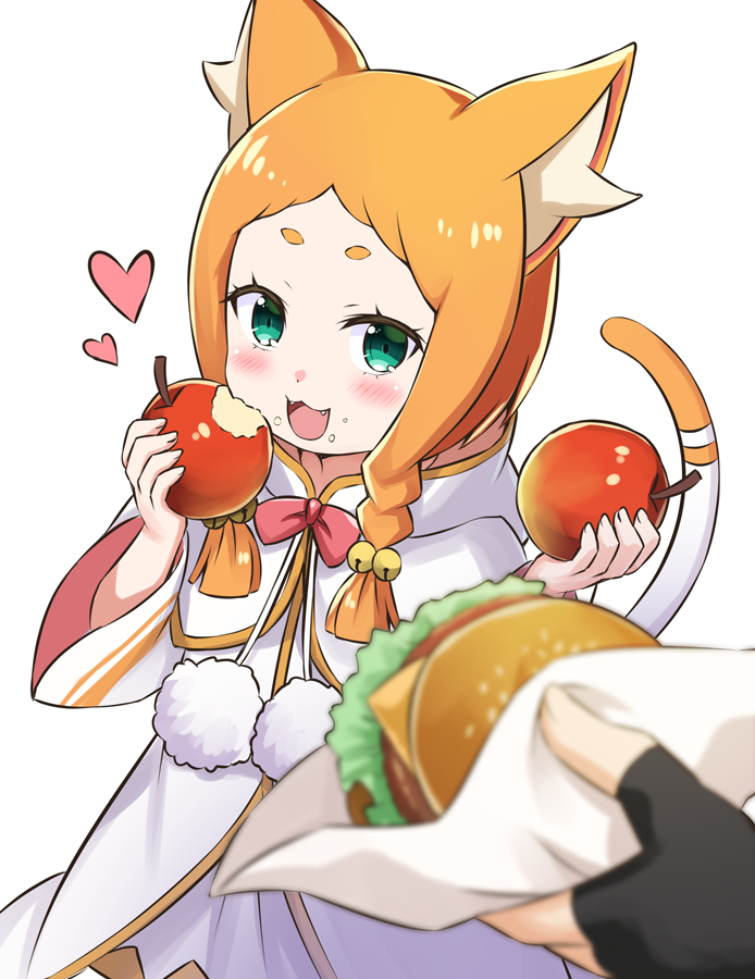 1girl :3 animal_ears apple bell black_gloves blush bread_bun burger cat_ears cat_girl cat_tail cheese commentary_request dress eating fangs feeding fingerless_gloves food fruit garfiel_tinsel gloves green_eyes hair_bell hair_ornament holding holding_burger holding_food holding_fruit lettuce long_hair looking_at_viewer mimi_pearlbaton open_mouth pov re:zero_kara_hajimeru_isekai_seikatsu s_(hdru2332) tail white_background white_dress wide_sleeves