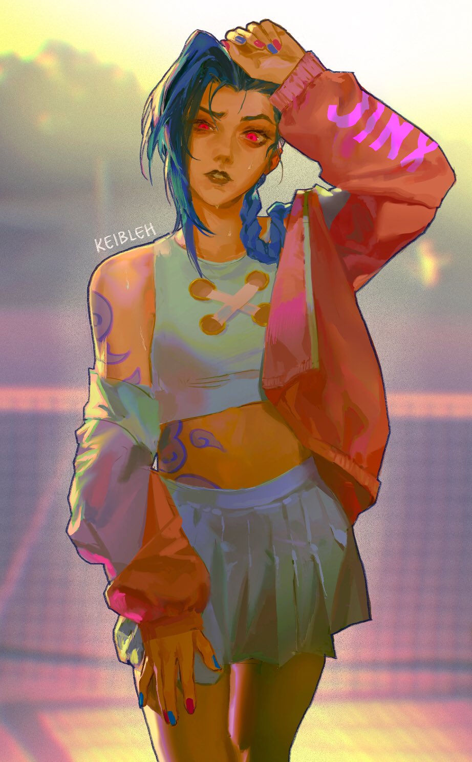 1girl arcane:_league_of_legends arcane_jinx arm_tattoo artist_name blue_hair blue_nails blurry blurry_background braid commentary cowboy_shot english_commentary fingernails highres jinx_(league_of_legends) keibleh league_of_legends long_hair looking_at_viewer parted_lips pink_eyes pink_nails simple_background skirt solo standing tattoo white_skirt