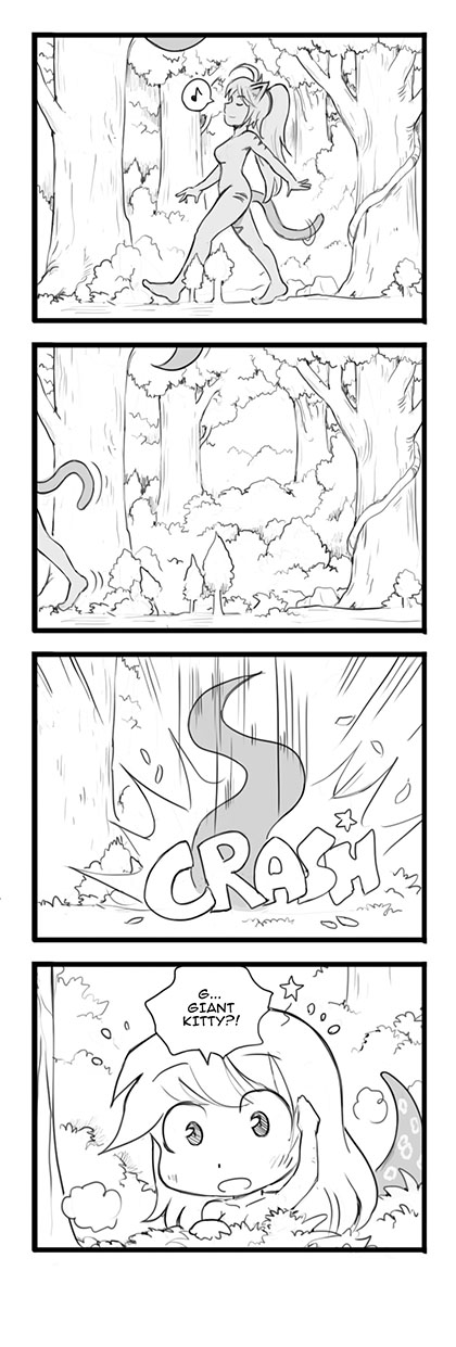 4koma animal_ears cat_ears cat_girl cat_tail caylin_(karbo) comic crisis felarya giant giantess highres karbo lamia monster_girl nude tail tree