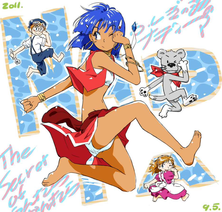 1990s_(style) 1boy 2girls bare_shoulders barefoot blue_eyes blue_hair bob_cut bracelet dancing dark-skinned_female dark_skin earrings feet fushigi_no_umi_no_nadia glasses goggles green_eyes hair_ornament hairband hairclip hat iro_(waterloafer) jean_roque_lartigue jean_roque_raltique jewelry king_(nadia) lion marie_en_carlsberg midriff multiple_girls nadia_la_arwall neck_ring necklace one_eye_closed panties pantyshot pelvic_curtain retro_artstyle running scarf short_hair underwear wink