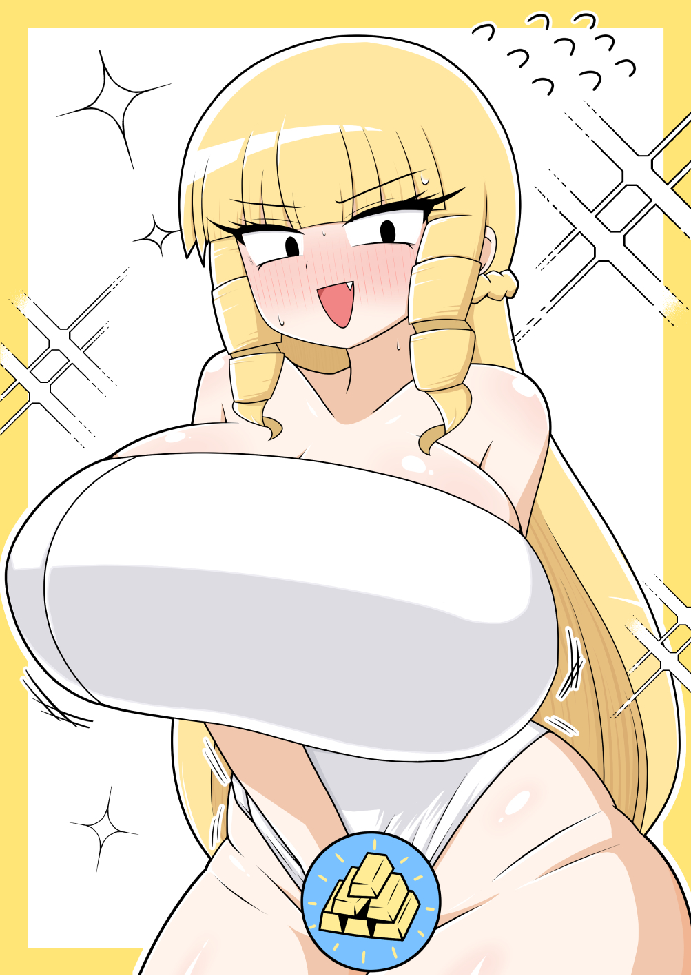 1girl berun_(zakeruga1zakeru) blonde_hair blush breasts censored covering_privates embarrassed fang gold_bar highres huge_breasts kaneda_mochiko long_hair looking_at_viewer mount_celeb_kaneda-san naked_towel novelty_censor open_mouth sparkle towel wide_hips