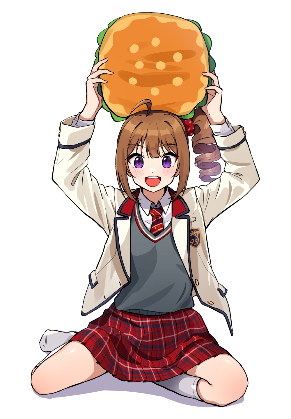 1girl ahoge blazer blush brown_hair burger commentary_request cushion full_body grey_sweater_vest high_schoolmate_(idolmaster) highres holding_cushion idolmaster idolmaster_million_live! idolmaster_million_live!_theater_days jacket kamille_(vcx68) looking_at_viewer necktie no_shoes plaid_clothes plaid_skirt purple_eyes red_necktie red_skirt school_uniform side_ponytail sidelocks simple_background sitting skirt smile socks solo sweater_vest white_background white_jacket white_socks yokoyama_nao