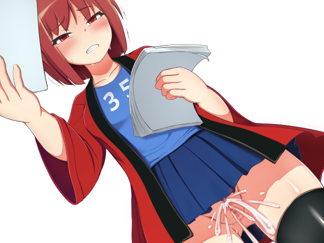 1girl breasts clymenia coat miniskirt no_panties non-web_source open_clothes open_coat original pussy pussy_juice red_coat red_hair short_hair skirt small_breasts standing white_background