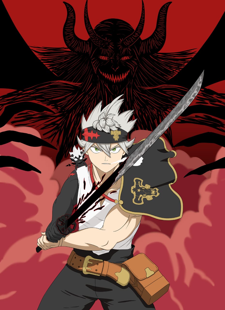2boys angry asta_(black_clover) black_clover black_hair demon demon_horns full_body highres horns liebe_(black_clover) long_hair lucifero_(black_clover) multiple_boys pelee red_background red_eyes