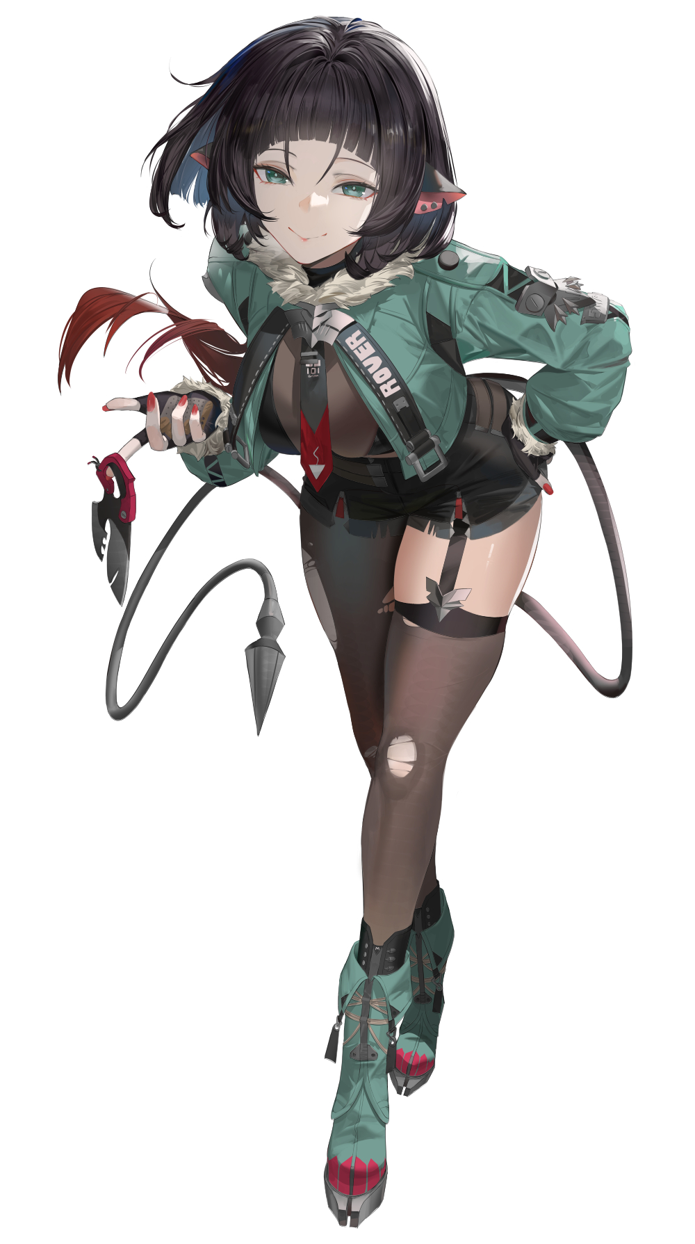 1girl animal_ear_piercing animal_ears aqua_boots aqua_eyes aqua_jacket black_gloves black_hair black_pantyhose black_shorts black_thighhighs blazpu boots breasts cleavage closed_mouth crop_top fingerless_gloves full_body fur-trimmed_jacket fur_trim garter_straps gloves highres jacket jane_doe_(zenless_zone_zero) large_breasts long_hair mouse_ears mouse_girl mouse_tail multicolored_hair necktie pantyhose red_hair see-through_cleavage see-through_clothes shorts simple_background single_leg_pantyhose single_thighhigh smile solo tail thighhighs thighs torn_clothes torn_pantyhose torn_thighhighs two-tone_hair two-tone_necktie white_background zenless_zone_zero