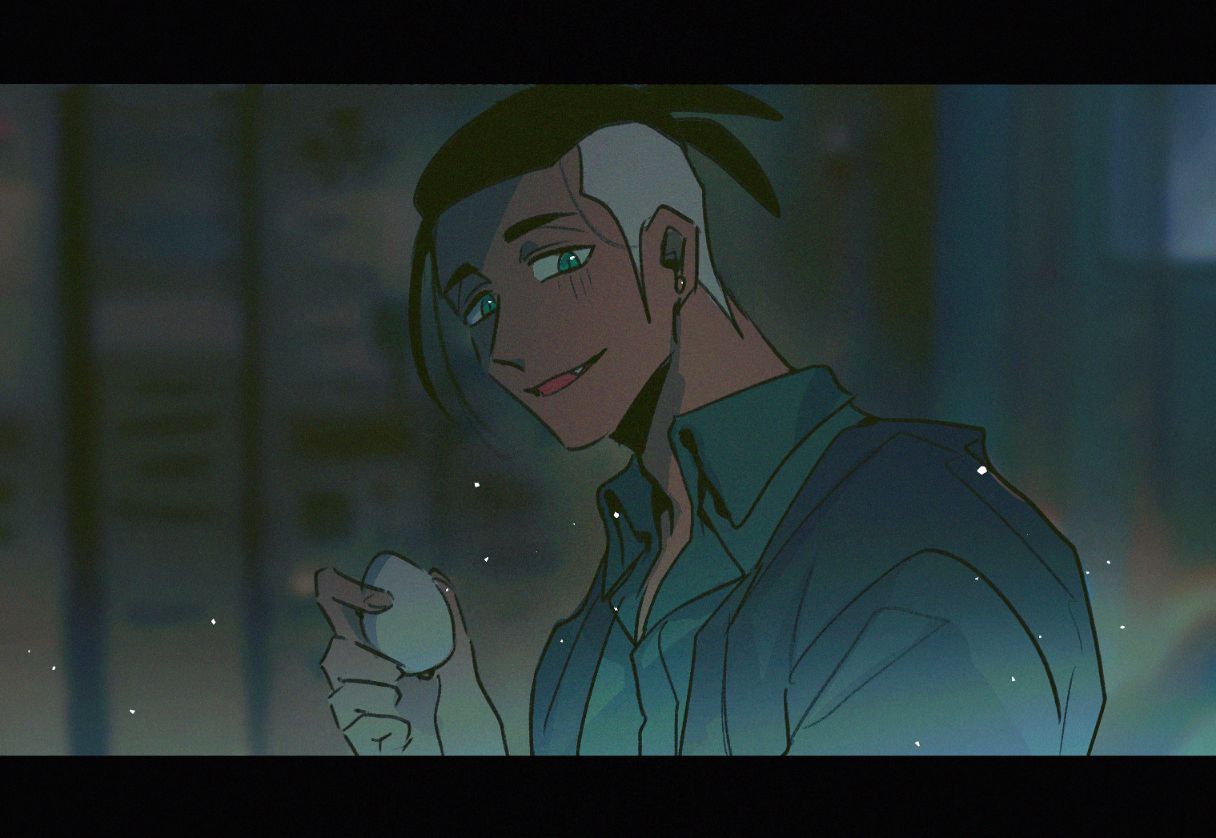 1boy black_hair blurry blurry_background chiyo_(miichiyochin) collared_shirt dark-skinned_male dark_skin earrings egg fang food green_eyes holding holding_egg holding_food jewelry letterboxed light_particles looking_at_viewer male_focus nintendo pokemon pokemon_swsh raihan_(pokemon) shirt sideburns solo the_shape_of_water upper_body