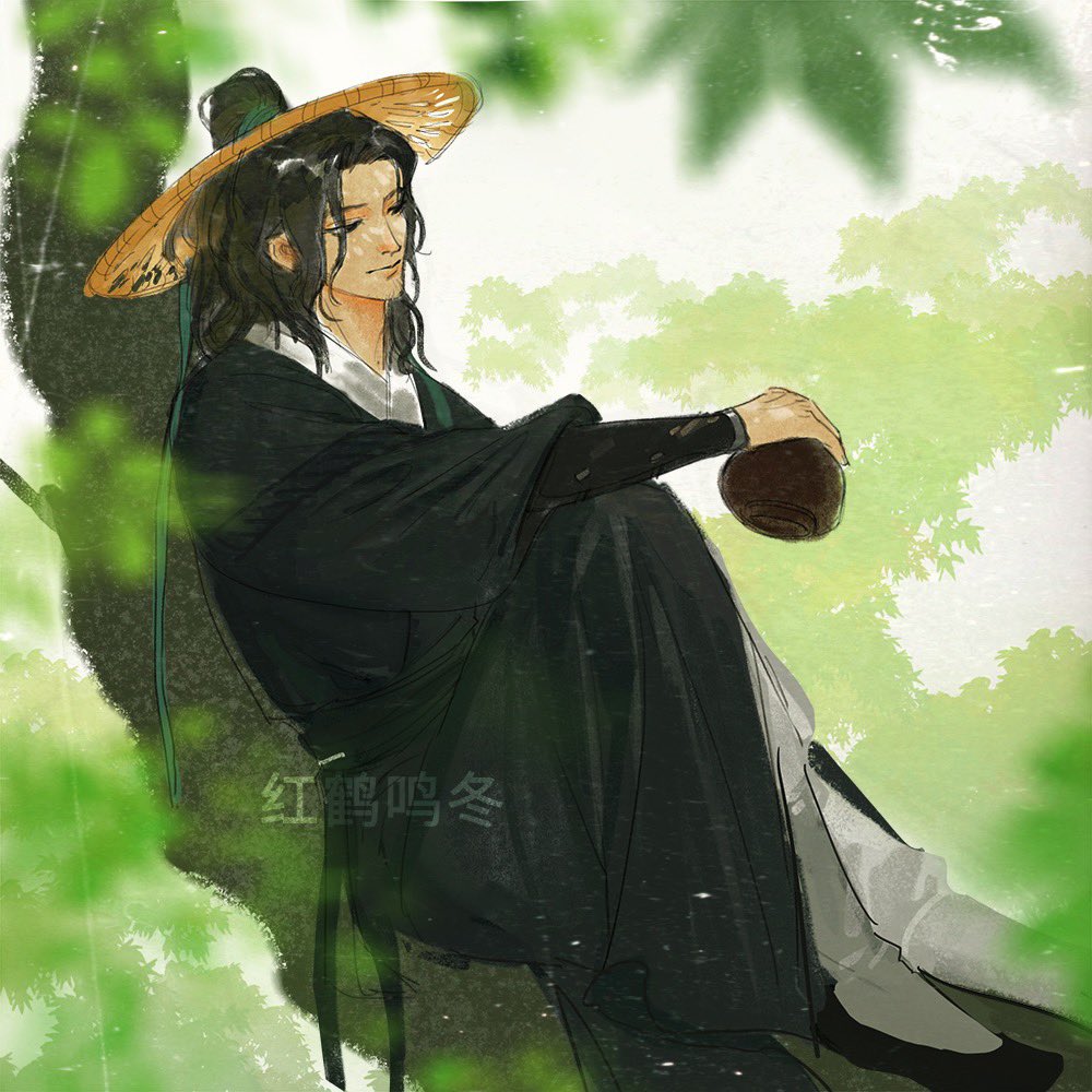 1boy artist_name beard_stubble black_footwear black_hair black_hanfu blurry brown_eyes chinese_clothes closed_mouth depth_of_field facial_hair full_body green_ribbon hair_ribbon hanfu hat high_ponytail holding_jug in_tree long_hair long_sleeves male_focus ponytail qiang_jin_jiu qiao_tianya ribbon sitting sitting_in_tree solo stubble tree wide_sleeves xybother
