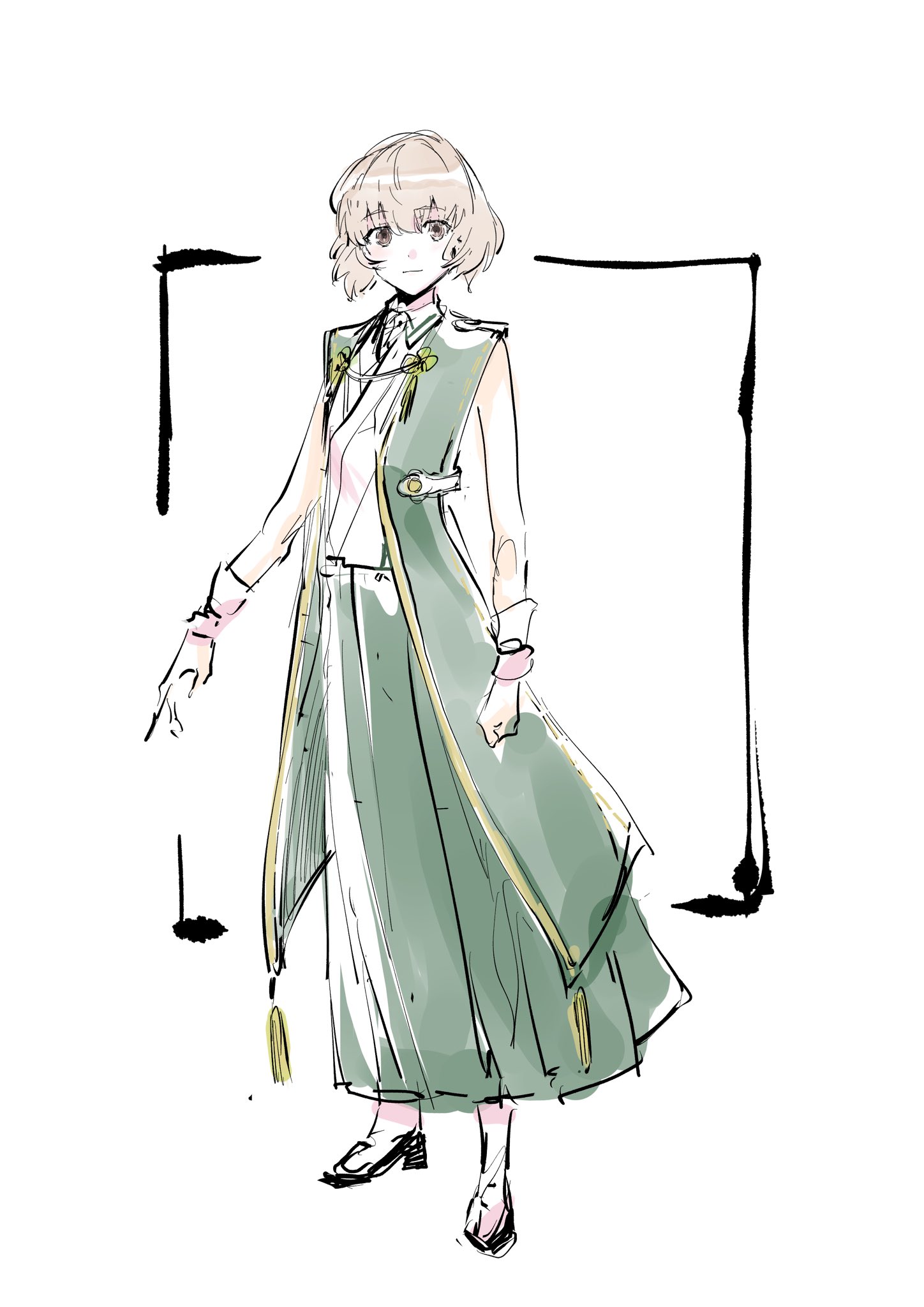 1girl brown_eyes closed_mouth commentary_request dress full_body green_dress grey_hair highres iwakura_sanae looking_at_viewer official_alternate_costume short_hair simple_background sketch sleeveless sleeveless_dress solo standing toji_no_miko white_background wrist_guards yamamoto_kichiko