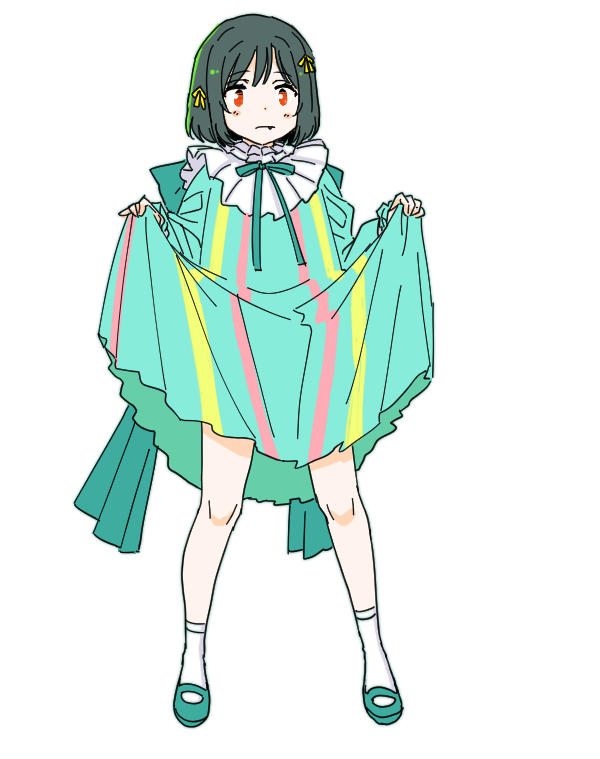 1girl alternate_color black_hair blush bob_cut closed_mouth commentary_request cosplay dress fang fang_out full_body green_dress green_ribbon green_shoes hair_ribbon long_sleeves love_live! love_live!_nijigasaki_high_school_idol_club mary_janes medium_dress mifune_shioriko mutekikyuu_believer nakasu_kasumi nakasu_kasumi_(cosplay) neck_ribbon orange_eyes ribbon shinanoya_(satanicad) shoes short_hair simple_background skirt_hold socks solo standing white_background white_socks yellow_ribbon