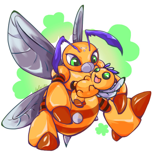 antennae digimon digimon_(creature) funbeemon green_eyes looking_at_another puroromon wings