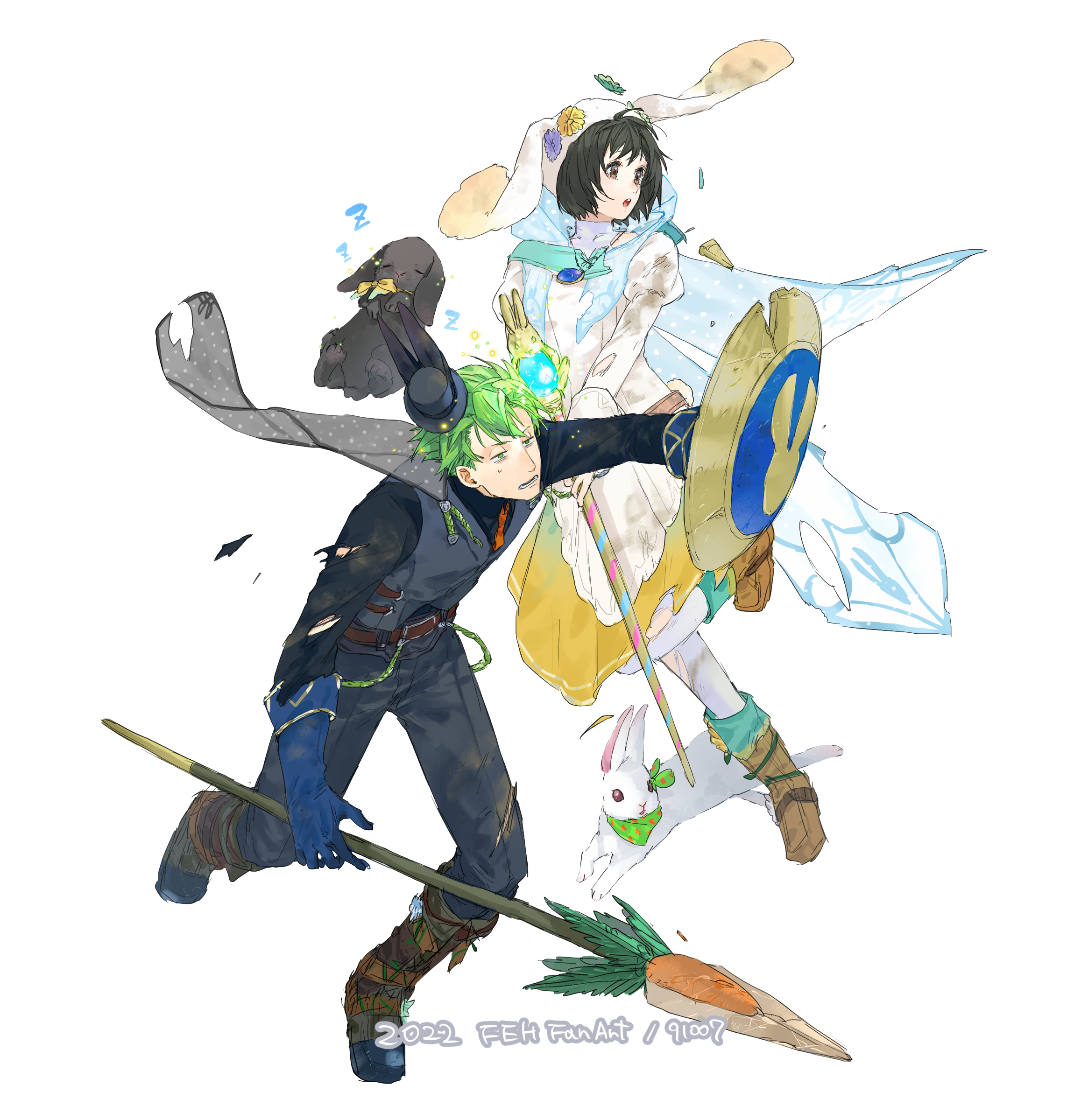 1boy 1girl 91007 absurdres alternate_costume animal_ears arran_(fire_emblem) artist_name belt black_hat black_rabbit_(animal) black_shirt blue_gloves bow brown_belt brown_eyes brown_shoes commentary_request copyright_name dated dress easter fake_animal_ears fire_emblem fire_emblem:_radiant_dawn fire_emblem_heroes full_body gloves green_eyes grey_pants grey_vest hat highres jewelry juliet_sleeves laura_(fire_emblem) leg_up long_sleeves looking_to_the_side medium_dress mini_hat mini_top_hat nintendo open_mouth pants pantyhose pendant polearm puffy_sleeves rabbit_ears shield shirt shoes short_hair simple_background sweat top_hat torn_clothes torn_shirt vest weapon white_background white_dress white_pantyhose white_rabbit_(animal) yellow_bow zzz