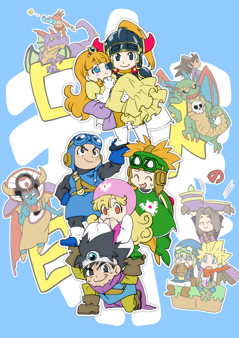 2girls 6+boys ancestor_and_descendant aqua_skin armor black_eyes black_hair blonde_hair blue_eyes blue_gloves blue_hat blue_tunic blunt_bangs brown_hair cape carrying chibi colored_skin commentary_request cousins covering_own_mouth curly_hair dark-skinned_male dark_skin dragon dragon_lord dragon_quest dragon_quest_builders dragon_quest_builders_2 dragon_quest_i dragon_quest_ii dragon_quest_iii dragon_quest_xi dress drink dual_persona extra_arms fake_horns fins gloves goggles goggles_on_headwear green_scales green_tabard hammer hand_on_own_cheek hand_on_own_face hat head_fins helmet hero_(dq1) hero_(dq11) hero_(dq3) highres holding holding_drink holding_hammer horned_helmet horns in-franchise_crossover jewelry long_hair low_ponytail male_builder_(dqb) male_builder_(dqb2) medium_hair monster monster_boy multiple_boys multiple_girls muscular muscular_male nagaremono necklace on_one_knee orange_eyes orange_hair orange_robe own_hands_together pointy_ears ponytail prince_of_lorasia prince_of_samantoria princess_carry princess_laura princess_of_moonbrook purple_cape purple_scales robe roto_(dq3) short_hair sidoh sidoh_(dqb2) single_tear skull_necklace spiked_hair sweatdrop tabard third_eye thumbs_up tiara tunic white_gloves white_robe yellow_dress zoma