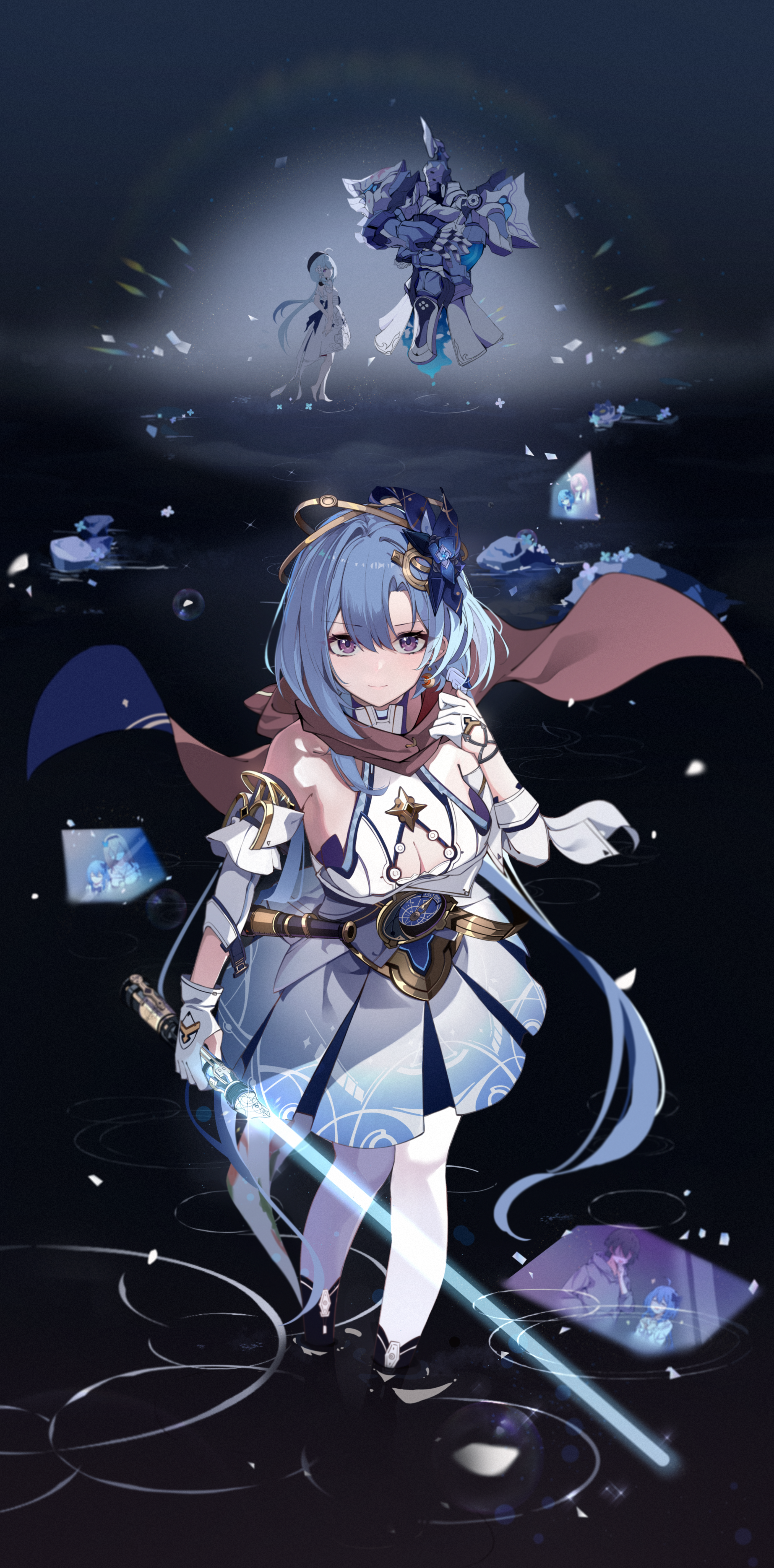 2girls absurdres ahoge aponia bare_shoulders beret blue_hair blue_lightsaber breasts cleavage closed_mouth commentary dress elysia_(honkai_impact) elysia_(miss_pink_elf)_(honkai_impact) energy_sword full_body gloves griseo griseo_(cosmic_expression) griseo_(starry_impression) hair_between_eyes hat highres holding holding_sword holding_weapon honkai_(series) honkai_impact_3rd kaya_(ayase_kaya) kosma large_breasts lightsaber long_hair looking_at_viewer mr._knight_(honkai_impact) multiple_girls purple_eyes solo_focus standing standing_on_liquid star_wars sword very_long_hair weapon white_dress white_gloves