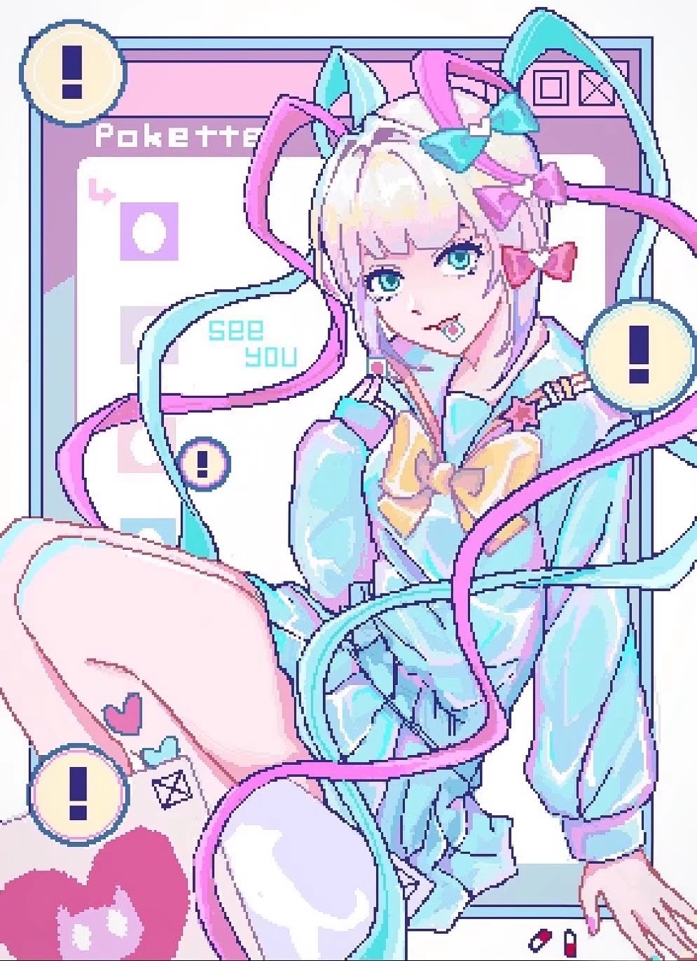 1girl blonde_hair blue_bow blue_eyes blue_hair blue_shirt blue_skirt bow chouzetsusaikawa_tenshi-chan hair_bow heart highres long_hair long_sleeves looking_at_viewer lsd multicolored_hair multiple_hair_bows needy_girl_overdose niu_tata pill pink_bow pink_hair pleated_skirt purple_bow quad_tails sailor_collar school_uniform serafuku shirt sitting skirt solo twintails very_long_hair window_(computing) yellow_bow