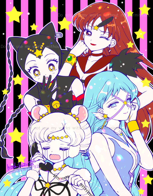 animal_ears bell bishoujo_senshi_sailor_moon bishoujo_senshi_sailor_moon_stars black_hair blue_eyes breasts brown_eyes brown_hair cat_ears cleavage closed_eyes crying earmuffs earrings feathers gloves jewelry lipstick makeup mouse_ears one_eye_closed ribbon sailor_aluminum_seiren sailor_iron_mouse sailor_lead_crow sailor_tin_nyanko smile star_(symbol) telephone white_hair wink yellow_eyes