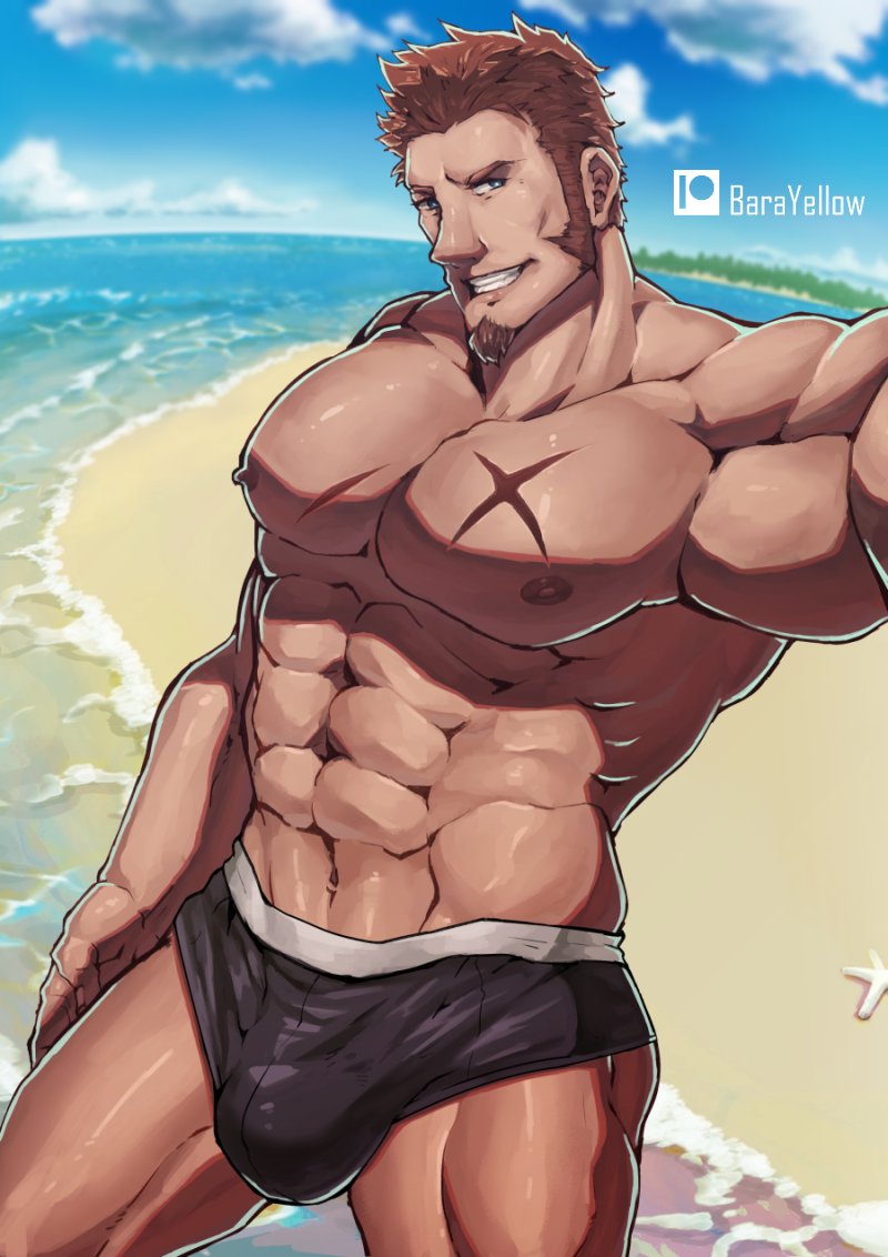 1boy artist_name bara beach black_male_swimwear blue_eyes brown_hair bulge cross_scar day facial_hair fate/grand_order fate_(series) goatee hand_on_own_thigh large_pectorals male_focus male_swimwear masa_yawara_(yellow) muscular muscular_male napoleon_bonaparte_(fate) nipples pectorals sand scar scar_on_chest scar_on_pecs sideburns smile starfish water