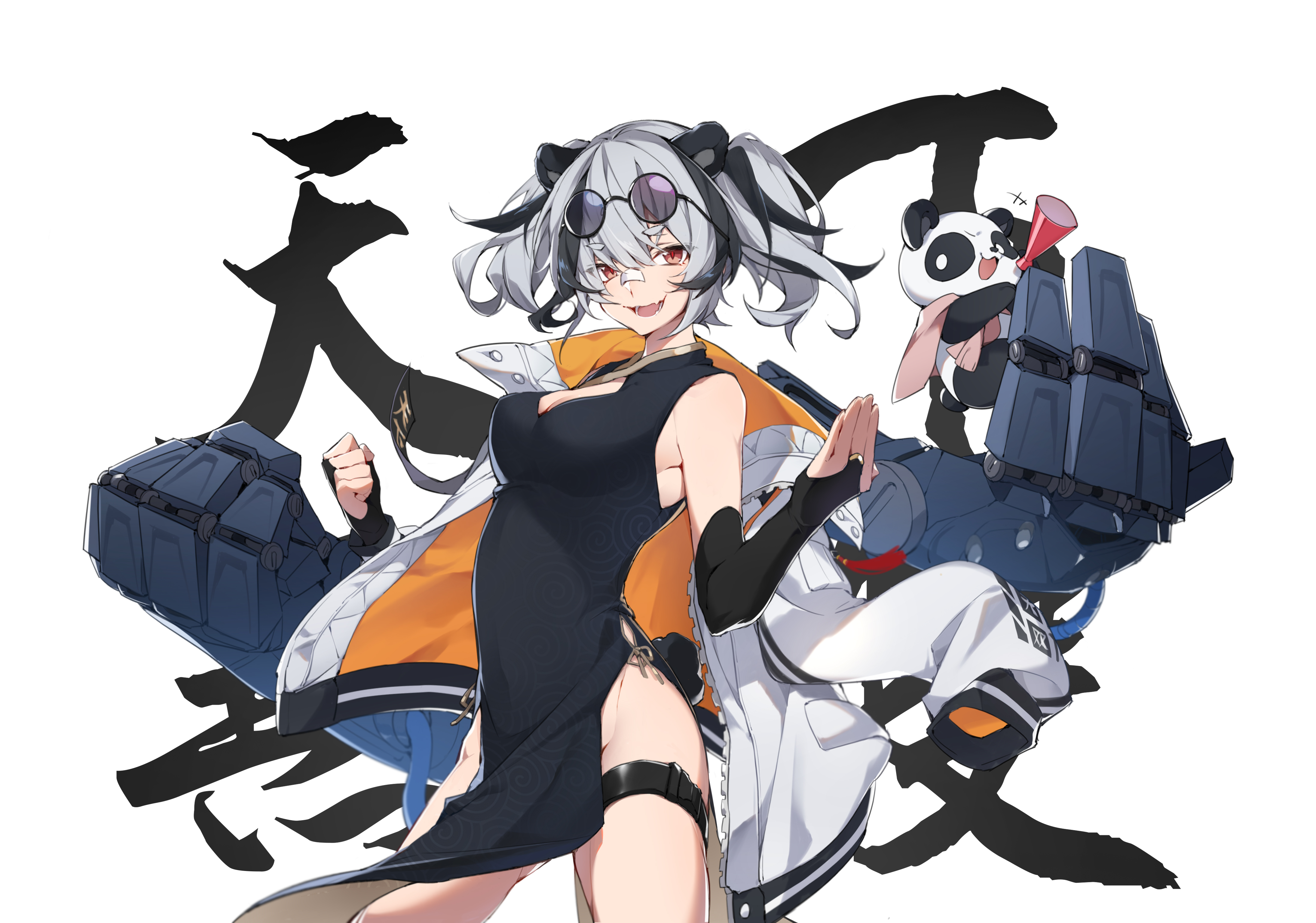 1girl absurdres animal animal_ears arknights bandaid bandaid_on_face bandaid_on_nose bare_shoulders black-framed_eyewear black_hair cheering chinese_clothes cleavage_cutout clenched_hand clothing_cutout extra_arms eyes_visible_through_hair eyewear_on_head fang feater_(arknights) fighting_stance glasses grey_hair hair_between_eyes highres jacket lower_teeth_only mechanical_arms medium_hair multicolored_hair open_mouth oyo_hitsuji panda patterned patterned_clothing red_eyes round_eyewear short_eyebrows skin_fang slit_pupils standing streaked_hair sunglasses_on_head teeth thigh_strap tongue twintails white_jacket zipper