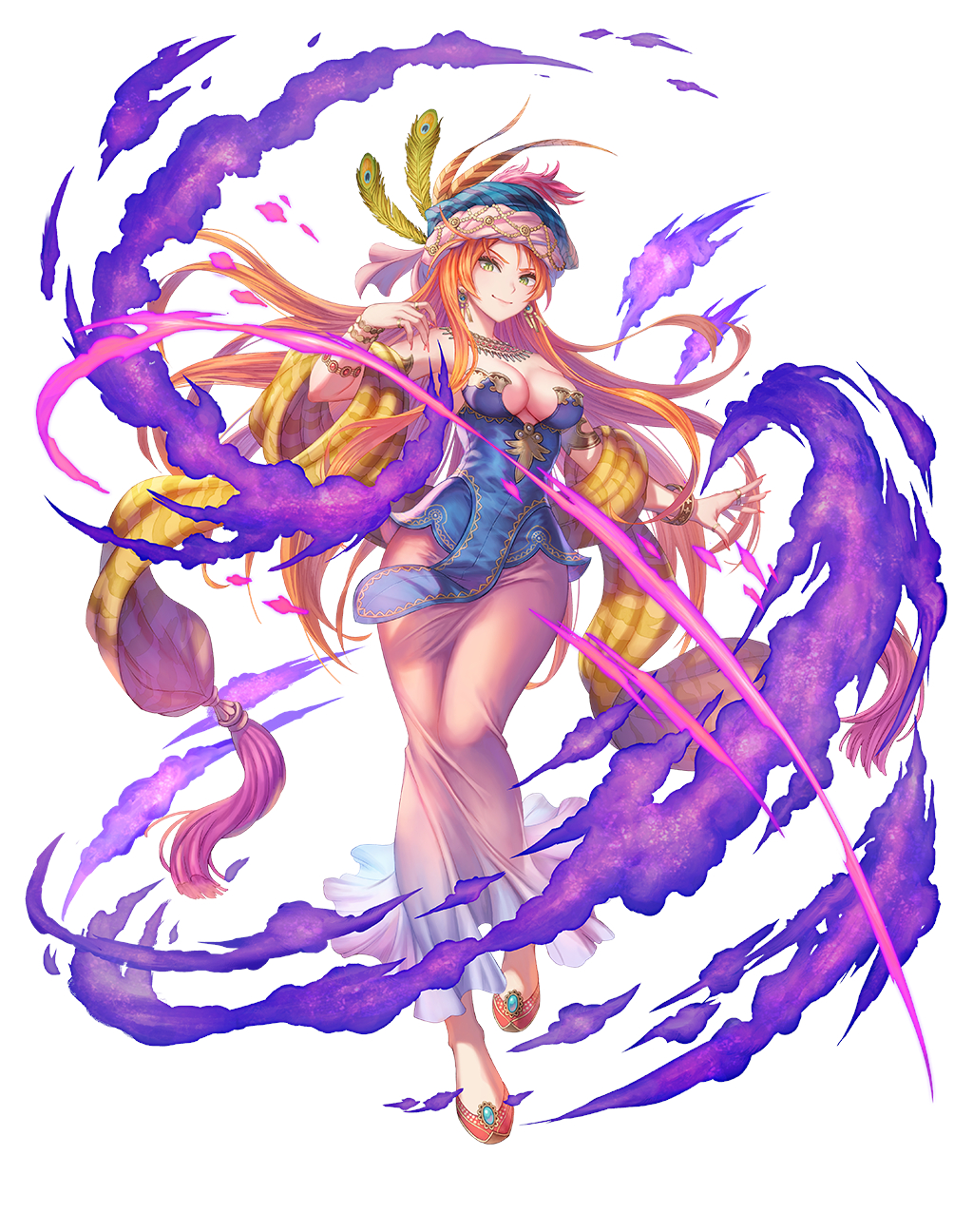 1girl armlet bare_shoulders blue_shirt bracelet breasts bustier cleavage closed_mouth earrings fingernails full_body green_eyes haccan highres isabella_(seiken_densetsu_3) jewelry large_breasts long_fingernails long_hair long_skirt looking_at_viewer low_neckline magic official_art peacock_feathers pink_skirt pointy_footwear red_hair ring seiken_densetsu seiken_densetsu_3 shawl shirt shoes skirt sleeveless slit_pupils smile solo thumb_ring transparent_background very_long_hair