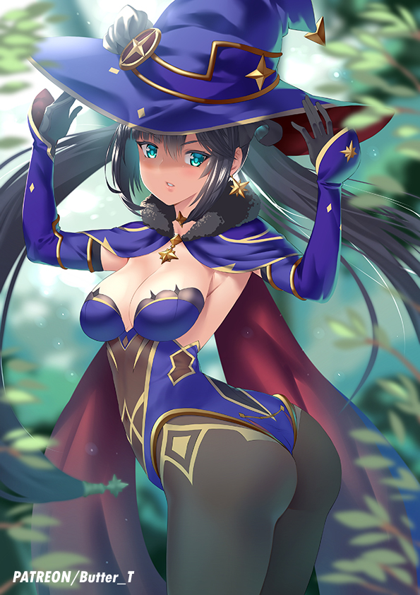1girl ass bad_anatomy black_hair blush breasts butter-t cape detached_sleeves elbow_gloves from_behind genshin_impact gloves green_eyes hair_ornament hair_ribbon hat jewelry leotard long_hair looking_at_viewer medium_breasts mona_(genshin_impact) pantyhose ribbon shiny_clothes shiny_skin sideboob solo thighlet twintails very_long_hair