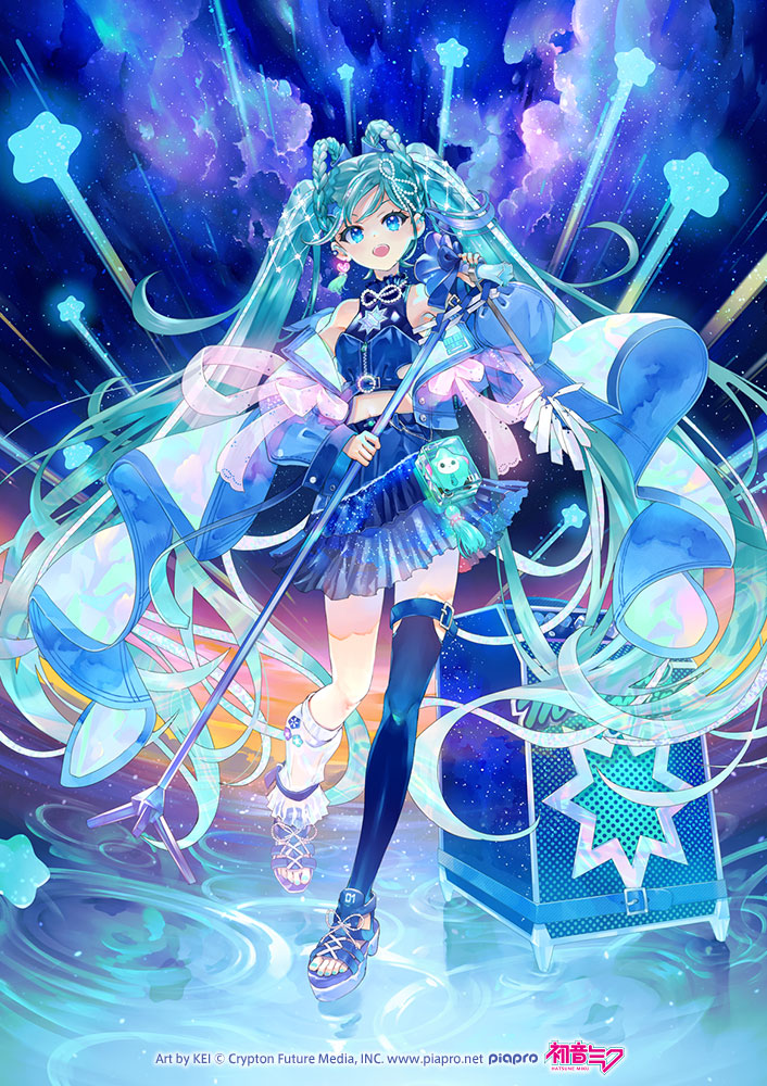 1girl :d amplifier aqua_hair aqua_nails artist_name blue_eyes blue_jacket blue_shirt blue_shoes blue_skirt blue_theme blue_thighhighs braid braided_hair_rings commentary_request copyright_notice crop_top earrings foot_up hair_rings hatsune_miku holding holding_microphone_stand jacket jewelry kei_(keigarou) logo long_hair magical_mirai_(vocaloid) magical_mirai_miku magical_mirai_miku_(2025) microphone_stand official_art open_clothes open_jacket open_mouth second-party_source shirt shoes single_earring single_thighhigh skirt sleeveless sleeveless_shirt smile solo star_(symbol) tassel tassel_earrings teeth thighhighs toenails twintails upper_teeth_only very_long_hair vocaloid