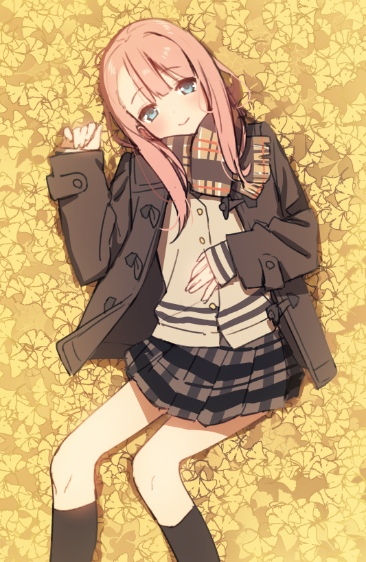 1girl 22/7 asymmetrical_bangs black_socks brown_coat brown_scarf brown_skirt cardigan closed_mouth coat foot_out_of_frame from_above ginkgo_leaf green_eyes grey_cardigan kamiki_mikami kneehighs leaf long_hair long_sleeves looking_at_viewer lying nagareboshi on_back open_clothes open_coat pink_hair plaid_clothes plaid_scarf plaid_skirt pleated_skirt scarf skirt smile socks solo