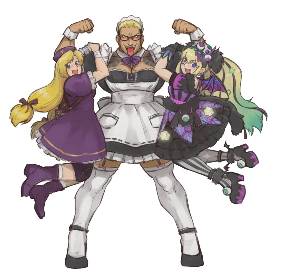 1boy 2girls :d alternate_costume apron bandaged_fingers bandaged_wrist bandages bat_wings beret black_gloves black_hair blonde_hair boots bow bowtie carrying_multiple_people carrying_person commentary detached_collar double_biceps_pose dress english_commentary enmaided eyeball_hair_ornament eyes_visible_through_hair flexing frilled_dress frills full_body garter_straps glasses gloves gradient_hair green_hair hanging_on_arm hat height_difference irezumi knee_pads long_hair looking_at_viewer low-tied_long_hair maid maid_apron maid_headdress mary_janes multicolored_hair multiple_girls muscular muscular_male nyaattoberritto open_mouth platform_boots platform_footwear puffy_short_sleeves puffy_sleeves purple_bow purple_bowtie purple_dress purple_eyes purple_footwear shijou_hinako shoes short_hair short_sleeves simple_background smile striped_clothes striped_thighhighs sylvie_paula_paula tattoo the_king_of_fighters the_king_of_fighters_xv thighhighs tongue tongue_out two-tone_hair vertical-striped_clothes vertical-striped_thighhighs very_long_hair white_background white_thighhighs wings wrist_cuffs yamazaki_ryuuji zettai_ryouiki