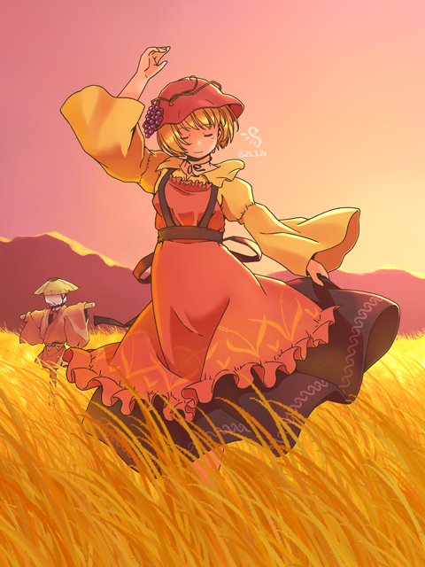 1girl aki_minoriko apron arm_up black_skirt blonde_hair closed_eyes closed_mouth commentary_request dancing evening food fruit grape_hat_ornament grapes hat long_sleeves orange_apron orange_hat outdoors rangycrow scarecrow shirt short_hair skirt skirt_hold solo touhou wide_sleeves yellow_shirt