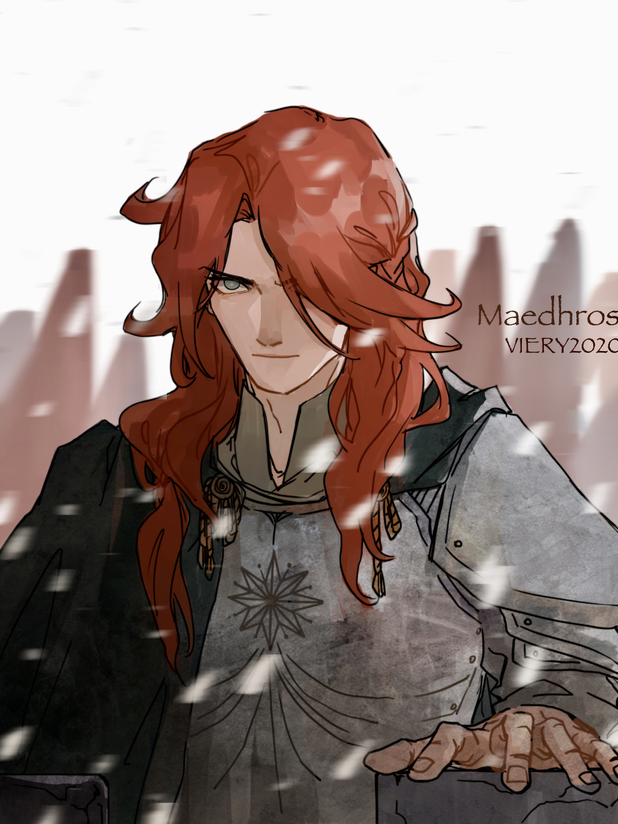 1boy 2020 armor artist_name cape character_name closed_mouth collar dated elf eyebrows eyebrows_hidden_by_hair eyelashes eyes_visible_through_hair grey_eyes highres long_hair maedhros male_focus one_eye_covered parted_bangs pointy_ears red_hair solo the_silmarillion tolkien&#039;s_legendarium viery