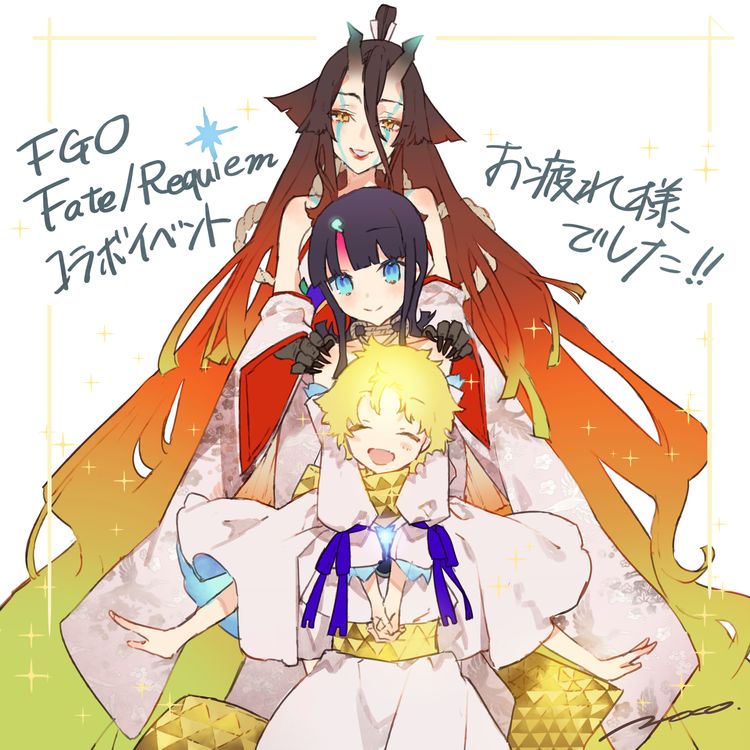 1boy 2girls baggy_clothes bare_shoulders black_hair blue_eyes blue_ribbon blush body_markings breasts brown_hair claws closed_eyes closed_mouth dress facial_mark fate/grand_order fate/requiem fate_(series) gradient_hair hair_ornament horns japanese_clothes kijo_kouyou_(fate) kijo_kouyou_(third_ascension)_(fate) kimono long_hair long_sleeves looking_at_viewer magatama magatama_hair_ornament medium_hair multicolored_hair multiple_girls noco_(adamas) open_mouth orange_hair parted_bangs parted_lips pink_hair puffy_long_sleeves puffy_sleeves red_lips ribbon scarf short_dress simple_background smile sparkle streaked_hair translation_request tunic utsumi_erice utsumi_erice_(lancer) voyager_(fate) white_background white_dress white_kimono white_tunic wide_sleeves yellow_eyes yellow_scarf