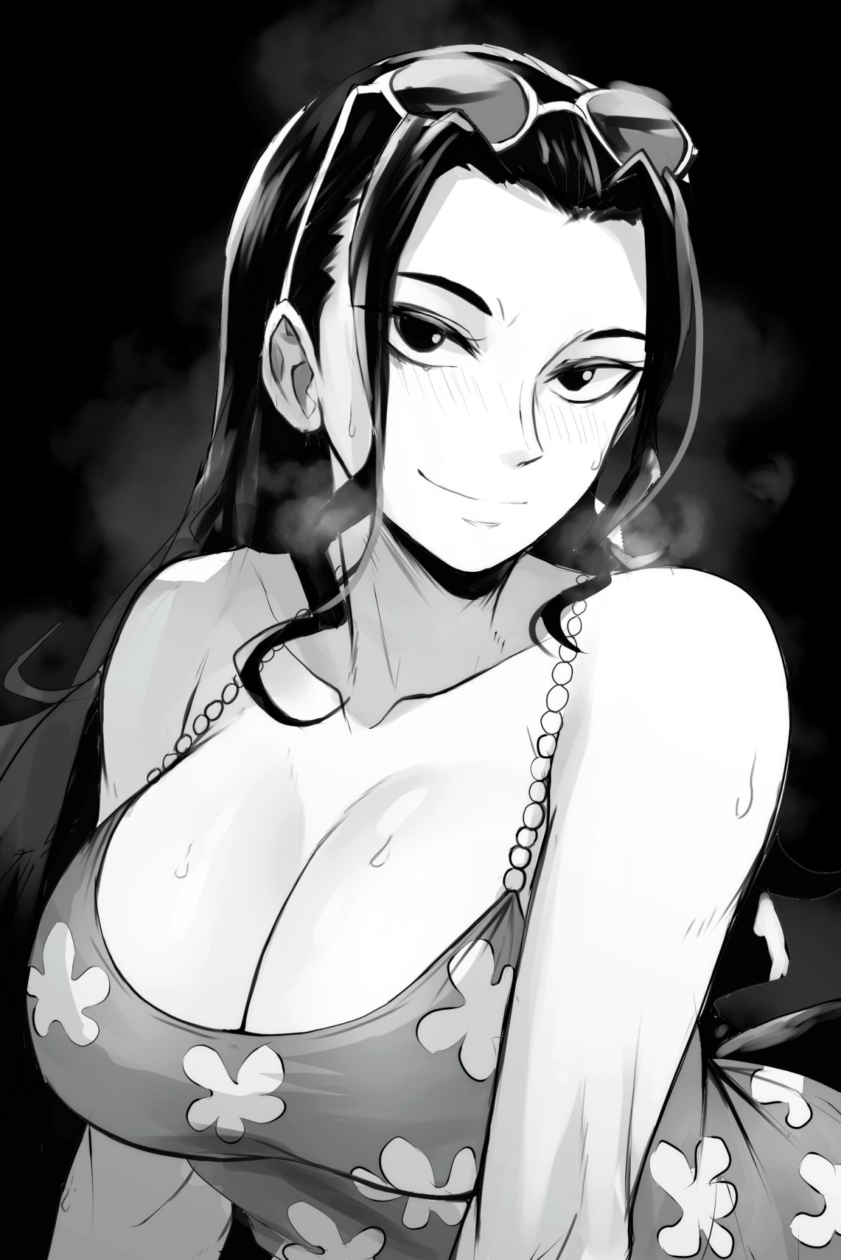 1girl bare_shoulders black_hair blush breasts breath camisole cleavage collarbone eyewear_on_head floral_print funi_xd greyscale highres large_breasts long_hair looking_at_viewer monochrome nico_robin nico_robin_(punk_hazard) official_alternate_costume one_piece smile steam sunglasses sunglasses_on_head sweat