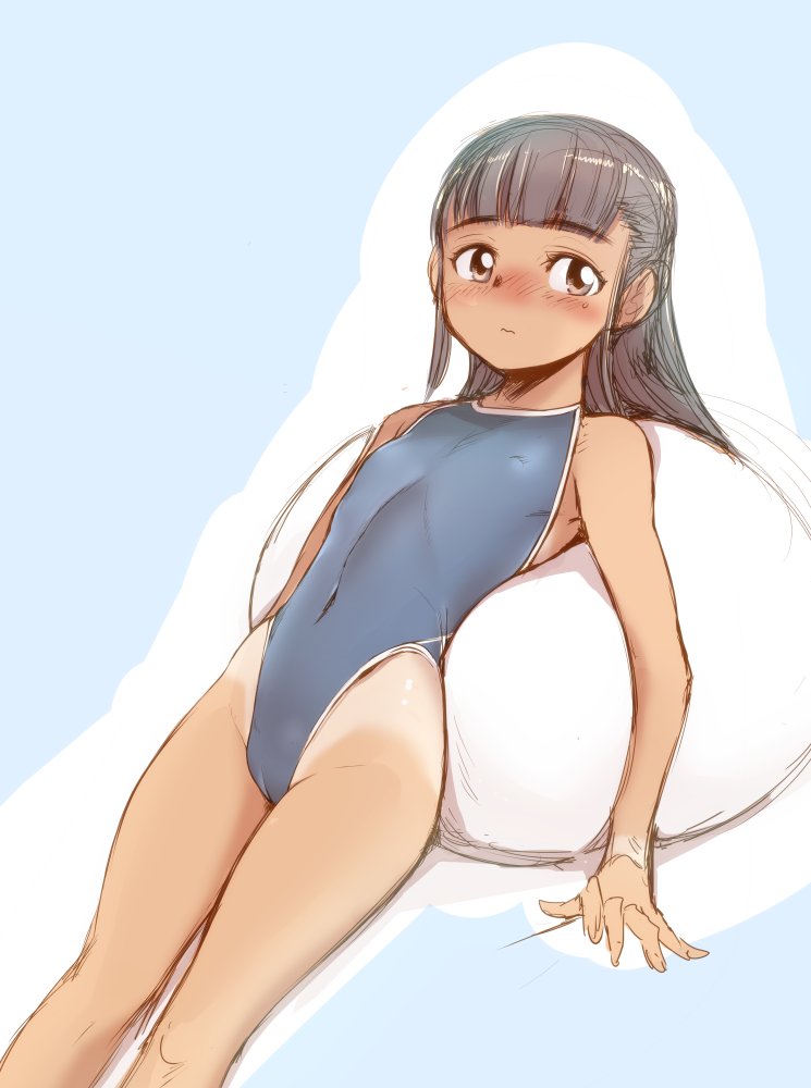 1girl black_hair blue_background blue_one-piece_swimsuit blush brown_eyes cameltoe commentary_request competition_swimsuit covered_navel cowboy_shot cushion expressionless ez6 female_focus highleg highleg_one-piece_swimsuit long_hair looking_at_viewer lying one-piece_swimsuit one-piece_tan original reclining solo swimsuit tan tanline