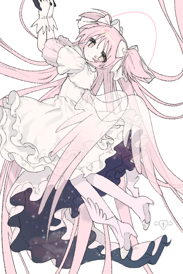 2girls absurdly_long_hair boots bow commentary crying dress frilled_dress frills hair_bow kaname_madoka long_hair mahou_shoujo_madoka_magica multiple_girls out_of_frame pink_eyes pink_hair see-through_wings short_sleeves simple_background space_print starry_sky_print thigh_boots two_side_up u_emper ultimate_madoka very_long_hair white_background white_bow white_dress white_footwear winged_footwear