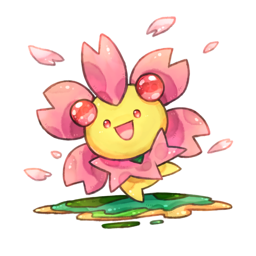 cherrim cherrim_(sunshine) commentary_request full_body gen_4_pokemon grass looking_at_viewer nintendo no_humans no_nose open_mouth petals pokemon pokemon_(creature) red_eyes simple_background solo white_background yanedx
