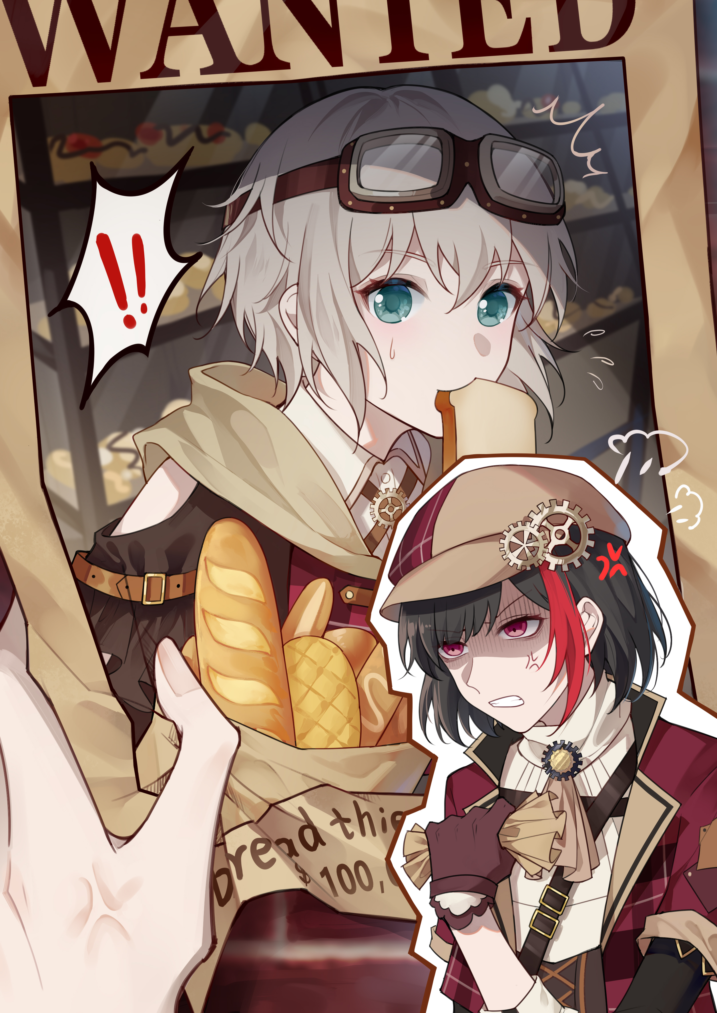 ! !! 2girls ^^^ absurdres anger_vein angry aoba_moca aqua_eyes baguette bakery bang_dream! black_hair bread bread_slice brown_gloves brown_hat clothing_cutout collared_shirt commentary_request crumpled_paper eating flying_sweatdrops food food_in_mouth gear_hat_ornament gloves grey_hair hat hat_ornament head_steam highres jacket kagisase medium_hair mitake_ran mouth_hold multicolored_hair multiple_girls official_alternate_costume peaked_cap red_hair red_hat red_jacket shirt shop shoulder_cutout streaked_hair surprised toast toast_in_mouth two-tone_hat wanted_poster white_shirt