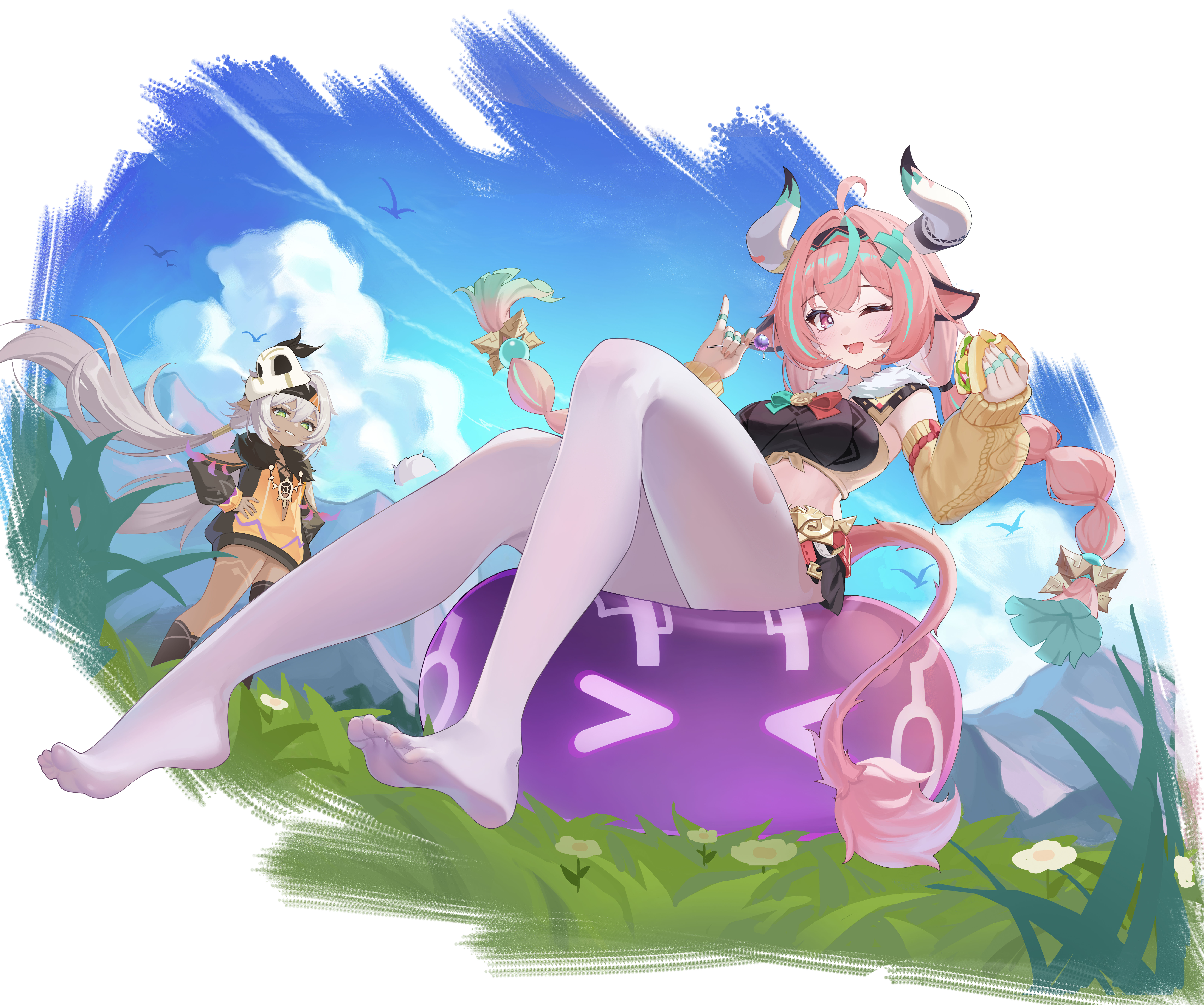 >_< 2girls absurdres ahoge animal_ears aqua_hair blue_sky bow braid breasts candy chupa_chups cloud cloudy_sky cow_ears cow_horns cow_tail dark-skinned_female dark_skin detached_sleeves dorsiflexion electro_slime_(genshin_impact) feet food fur_trim genshin_impact grass green_eyes grey_hair hair_between_eyes hair_ornament hair_tubes hairband highres holding holding_candy holding_food horns iansan_(genshin_impact) legs lollipop long_hair long_sleeves midriff multicolored_hair multiple_girls mxr no_shoes one_eye_closed open_mouth outdoors pantyhose pink_hair pointy_ears purple_eyes shoes sitting skull skull_hair_ornament sky slime_(genshin_impact) smile streaked_hair taco tail thighs toes twin_braids twintails varesa_(genshin_impact) white_pantyhose yellow_sleeves