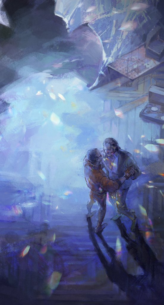 2boys blue_theme brown_hair creamyghost disco_elysium from_above glasses harry_du_bois holding_hands jacket kim_kitsuragi long_sleeves looking_at_another male_focus mature_male multiple_boys orange_jacket shadow shirt short_hair white_shirt yaoi