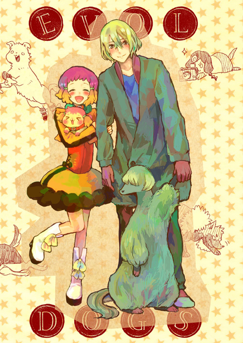 10s amata_sora animalization aquarion_(series) aquarion_evol bad_id bad_pixiv_id blonde_hair blush camera dog closed_eyes gradient_hair grey_eyes hair_ornament jin_musou kagura_demuri kong_(yuico) multicolored_hair orange_hair purple_hair sazanka_bianca short_hair smile yunoha_thrul