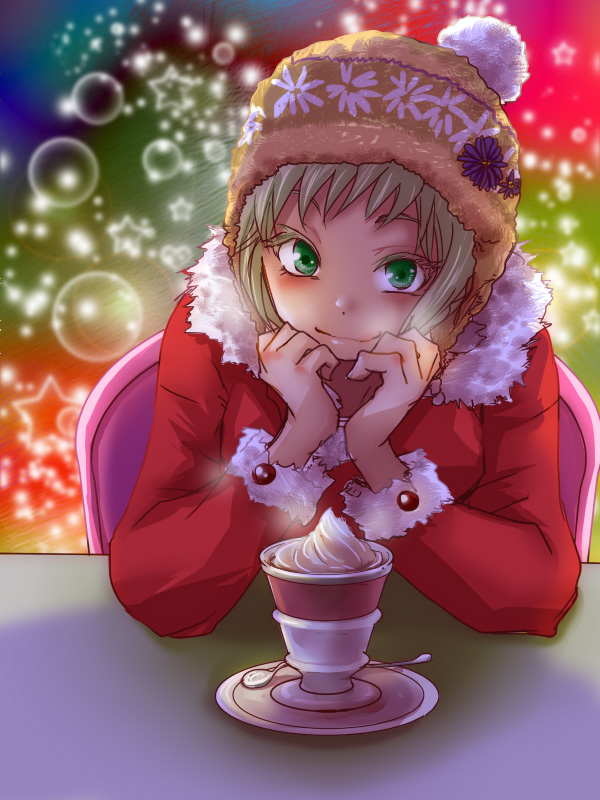 10s 1girl bad_id bad_pixiv_id beanie blonde_hair blush coat cup dragon_kid female_focus green_eyes hat looking_at_viewer pov_across_table rduuroorn santa_hat solo teacup tiger_&amp;_bunny