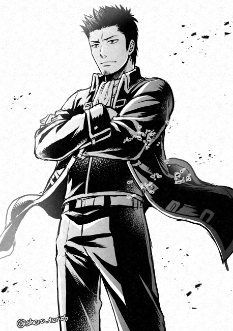 1boy beard belt crossed_arms facial_hair gintama greyscale jacket kondou_isao long_sleeves male_focus monochrome open_clothes open_jacket pants shinsengumi_(gintama) shirt simple_background solo standing tsurumura_ichiru twitter_username white_background